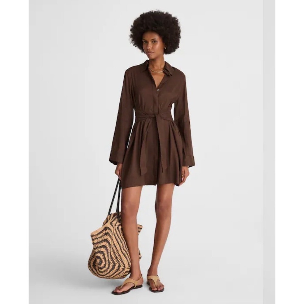 Madewell Dress Womens 8 Brown Tie Front‎ Shirt Roasted Chicory Linen Blend